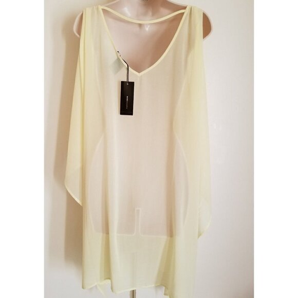NWT $148 BCBGMAXAZRIA SHEER COLD SHOULDER TUNIC BLOUSE PASTEL LIME  SIZE LARGE - Picture 3 of 11